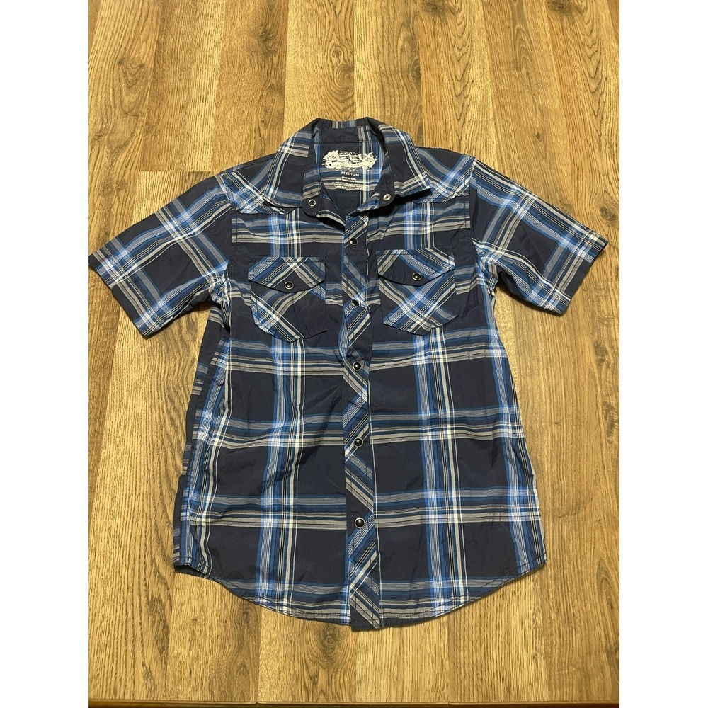 Helix Shirt, Boy's Size Medium, Blue, Plaid, Button Up, Short Sleeve, Pockets